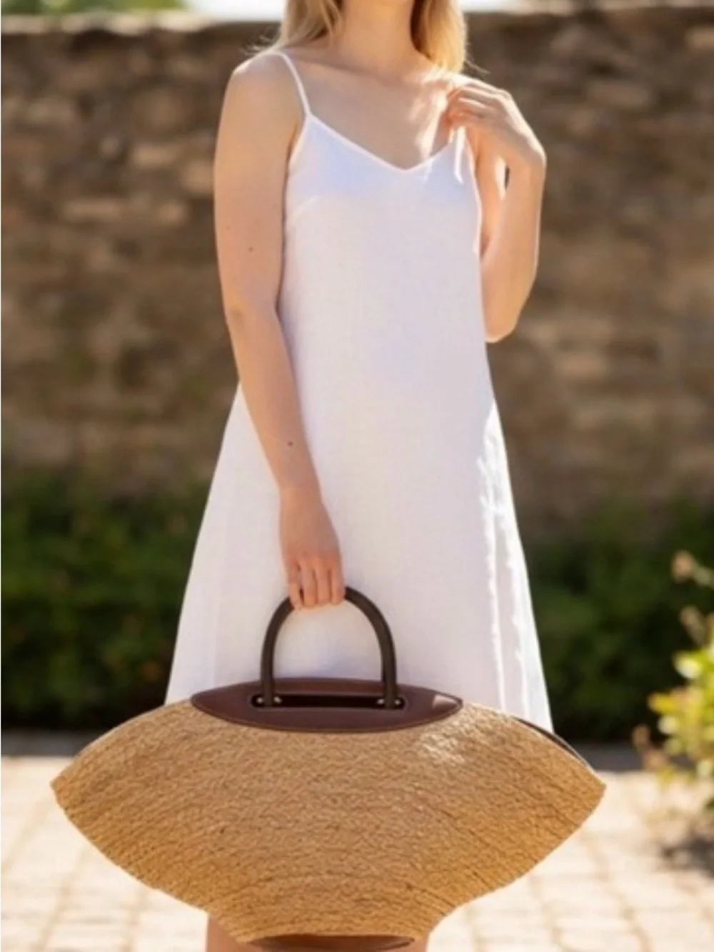 Cult Gaia Woven Straw Tote Bag with Brown Leather Trim - Picture 3 of 6